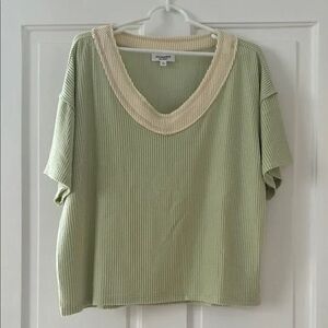 Everyday V-Neck Waffle Tee in Sage with Cream Trim